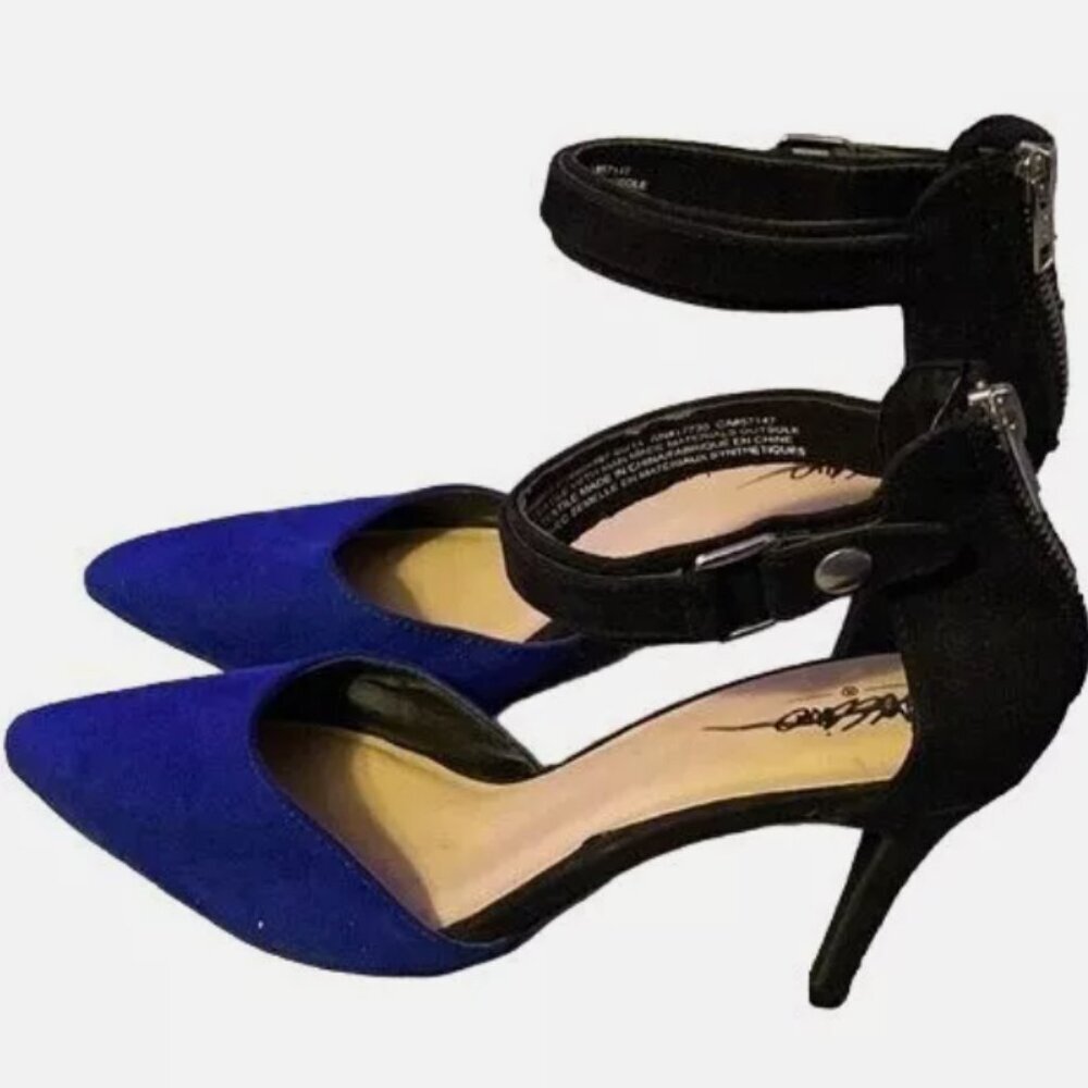 Mossimo size 71/2 Royal blue and black 3” pumps. Ankle strap and zippered heel.